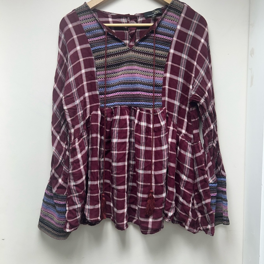 Suzanne Betro Burgundy Plaid Bell Sleeve Blouse with Rainbow Knit Accents